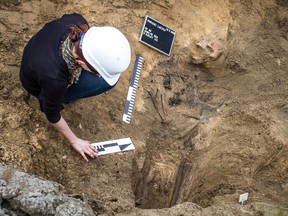 Picture taken on May 13, 2013 shows an Institute of National Remembrance (IPN) employee working at the scene where human remains of a Stalinist-era mass grave are exhumed on the military cemetery in the heart of the Polish capital Warsaw. The bodies of 35 victims of the Polish resistance communist terror years 1945-1956, recently exhumed from anonymous graves in the cemetery in Warsaw and identified, were buried on Sept. 27, 2015, in a mausoleum in a solemn ceremony. (AFP PHOTO/WOJTEK RADWANSKI)