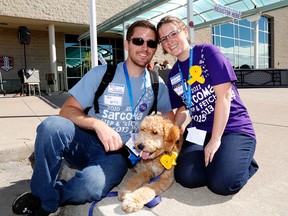 Kingston couple David and Rachel Tessier pose for a photo at the Sarcoma Step and Fetch on Sunday September 27, 2015 in Trenton, Ont. 
David was diagnosed with a rare type of Sarcoma cancer eight years ago. 
Emily Mountney-Lessard/Belleville Intelligencer/Postmedia Network