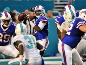 Buffalo Bills quarterback Tyrod Taylor (5) throws a pass against the Miami Dolphins during the second half at Sun Life Stadium. Steve Mitchell-USA TODAY Sports