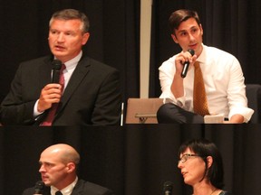 Allan Thompson of the Liberal Party, Gerard Creces of NDP, Ben Lobb of the Conservative Party and Jutta Splettstoesser of the Green Party, all took part in the debate at the Bayfield Town Hall on September 22. (Laura Broadley Clinton News Record)