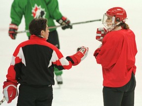 Canadian coach Shannon Miller (left) speaks to Stacey Wilson during a practice in this file photo. (Postmedia Network file photo)