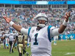 Carolina Panthers quarterback Cam Newton celebrates after a touchdown against the New Orleans Saints at Bank of America Stadium. (Jeremy Brevard/USA TODAY Sports)