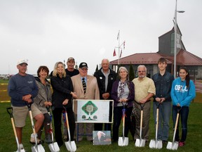 SARAH HYATT/THE INTELLIGENCER
Organizers, supporters, Quinte West council and family of Roy Bonisteel broke ground Monday morning for the Roy Bonisteel Tribute Garden project. Pictured here, left to right are: Andre Ypma, Pat Koets, Angela Smylie, Mike Woods, Mayor Jim Harrison, deputy mayor Jim Alyea, Lesley Bonisteel, Brian Weston, and Kurt and Hannah Bonisteel.
