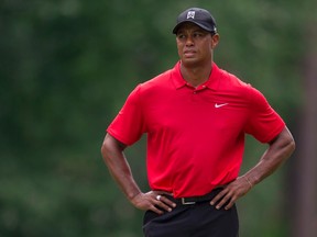 In this Sunday, Aug. 23, 2015, file photo, Tiger Woods pauses on the fifth hole during the final round of the Wyndham Championship golf tournament at Sedgefield Country Club in Greensboro, N.C. (AP Photo/Rob Brown, File)