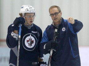 Jets coach Paul Maurice (right) liked what he saw in Brendan Lemieux throughout training camp and believes he’ll be a solid NHL player down the road.