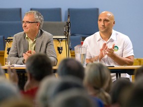 NDP candidate Matthew Rowlinson, left, and Green Party candidate Dimitri Lascaris take part in an all-candidates debate at Oakridge Presbyterian Church in London, Ont. on Wednesday September 23, 2015. (CRAIG GLOVER, The London Free Press)