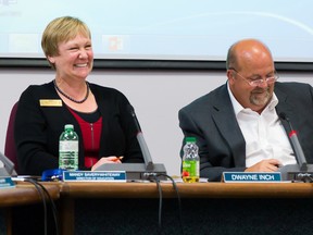 Tim Miller/the Intelligencer
Mandy Savery-Whiteway, director of education and Dwayne Inch, chairman of the board, listen to a presentation by controller of facility services Nick Pfeifferon the building of a new elementary school in Trenton at an HPEDSB Board meeting on Monday in Belleville.
