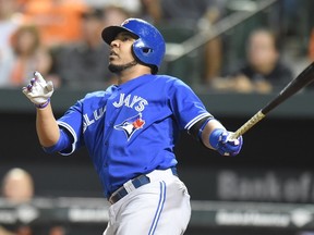 Edwin Encarnacion #10 of the Toronto Blue Jays hits a solo home run in the second inning during a baseball game against the Baltimore Orioles at Oriole Park at Camden Yards on September 28, 2015 in Baltimore, Maryland.  Mitchell Layton/Getty Images/AFP