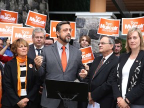 Paul Loewenberg, along with Northern Ontario NDP candidates Carol Hughes (Algoma-Manitoulin-Kapuskasing), Charlie Angus (Timmins-James Bay), Skip Morrison (Sault Ste. Marie), Kathleen Jodouin (Nipissing-Timiskaming) and Claude Gravelle (Nickel Belt) launch the party’s platform for Northern Ontario in Sudbury, Ont. on Monday September 28, 2015. Gino Donato/Sudbury Star/Postmedia Network