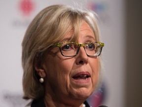 Green Party Leader Elizabeth May fields questions after the  French-language leaders' debate in Montreal on Thursday, Sept. 24, 2015. THE CANADIAN PRESS/Andrew Vaughan