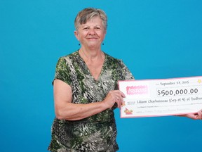 Supplied photo
A group from Sudbury is celebrating after winning $500,000 with Classic White 2. The winners are Liliane Charbonneau of Sudbury (shown), Christophe Charbonneau of Sudbury, Donald Charbonneau of Sudbury and Michel Charbonneau of Magog, Que. Classic White 2 is a $10 INSTANT game that has seven top prizes of $500,000 and nearly $50 million in prizes ranging from $10 to $500,000. Overall odds of winning are 1 in 3.34. The winning ticket was purchased at Walmart on Lasalle Boulevard in Sudbury.