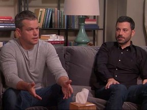 Matt Damon, left, and Jimmy Kimmel appeared in a skit on Monday night's episode of Jimmy Kimmel Live! to work out their problems with a professional. (Jimmy Kimmel Live/YouTube)