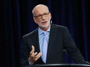 Hubert Lacroix, President and CEO of CBC/Radio Canada, speaks at their annual public meeting at the University of Winnipeg in Winnipeg, Tuesday, September 29, 2015. THE CANADIAN PRESS/John Woods