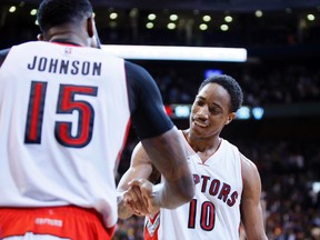 This will be the first season that DeMar DeRozan (right) is playing without Amir Johnson, who took the young star under his wing. Johnson left for the Boston Celtics in the off-season. (USA Today Sports)