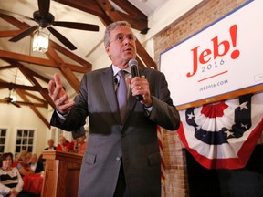 In this Sept. 24, 2015, file photo, Republican presidential candidate former Florida Gov. Jeb Bush speaks to local South Carolina republicans during the East Cooper Republican Women's Club Annual Shrimp Dinner at Alhambra Hall in Mt. Pleasant, S.C. (AP Photo/Mic Smith, File)