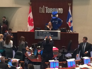 Blue Jays mascot Ace visits city council on Wednesday, Sept. 30, 2015. (Don Peat/Toronto Sun)