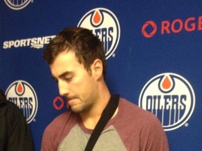 Edmonton Oilers forward Jordan Eberle, Sept. 30, 2015, the day after suffering a shoulder injury. (Robert Tychkowski/Edmonton Sun)