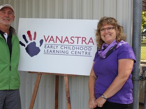 Huron East councillor, Ray Chartrand, and supervisor, Tammy Martene stand beside the sign presenting the new name of the Tuckersmith Day Nursery. To update the terminology the name is changed to Vanastra Early Childhood Learning Centre. (Laura Broadley Clinton News Record)