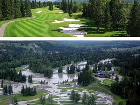 Top; Before the June 20, 2013 flood. Photo Courtesy/Kananaskis Country Golf Course
Bottom; shows the Kananaskis Country Golf Course after the June 20, 2013 flood. The course is in the heart of the Canadian Rockies, less than an hour’s drive from either Calgary or Banff. It has been called a golfing paradise. Kananaskis Country Golf Course was one of the premier golf destinations in the Canadian Rockies with a rugged surrounding mountains which tower 10,000 feet (3,000 metres) above sea level. Photo Supplied/Alberta Government