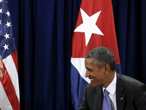 U.S. President Barack Obama and Cuban President Raul Castro meet at the United Nations  General Assembly in New York September 29, 2015. (REUTERS/Kevin Lamarque)