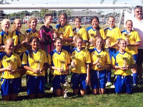 The Sarnia Spirit U15 girl's soccer team finished first in L5 of the London and District Youth Soccer League with an undefeated regular season and added the challenge cup championship. Back row from left are coach Trish Flamminio, Taylor Clark, Christine Rossi, Leah Williams, Miayah Tsaprailis, Mya Mcarthur, Gabrielle Craievich, Alyssa Dunn, Haley Heidrich, Katie Vandenberg, Kayla Nicefield, head coach Paul Craievich and manager Lynn Vandenberg. Front row from left are coach Heather Colman, Rebecca Rust, Lisa Cooper, Madison Flamminio, Sara Colman, Breanna Pretty and Ashley Simpson. Absent are Alex Martindale and Tatiana Hartmann.  Handout/Sarnia Observer/Postmedia Network