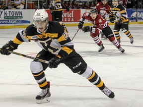 Frontenacs defenceman Roland McKeown races to the puck in the Kingston end during Ontario Hockey League action at the Rogers K-Rock Centre in November 2014. (Whig-Standard file photo)