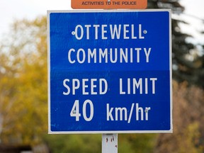 An Ottewell Community speed limit sign near 74 Street and 96 A Avenue, in Edmonton Alta. on Tuesday Sept. 29, 2015. The City is introducing new traffic calming measure in four Edmonton neighbourhoods. David Bloom/Edmonton Sun