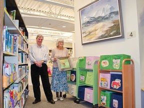 James Palmer (left) and Diana Calder (right) were at the Pincher Creek Public Library for the opening of an exhibit of their art work being displayed in the facility on Sept. 25, 2015. Elaine Steinke also has art in the exhibit. John Stoesser photos/Pincher Creek Echo