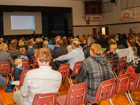With the goal of giving the school communities a voice, the parent councils from both Queen Elizabeth Collegiate and Kingston Collegiate organized a town hall meeting with representatives from city council and the Limestone District School Board trustees to discuss and listen to concerns about the new consolidated secondary school in Kingston on Wednesday night. (Julia McKay/The Whig-Standard)