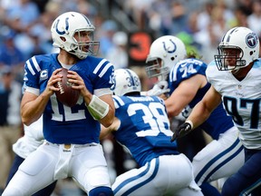 Indianapolis Colts quarterback Andrew Luck (12) passes against the Tennessee Titans in the first half of an NFL football game Sunday, Sept. 27, 2015, in Nashville, Tenn. (AP Photo/Mark Zaleski)