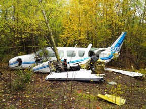 The wreckage of the Keystone Air Services Ltd. airplane in Thompson, Manitoba is shown in a Transportation Safety Board handout photo.