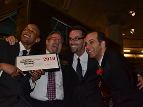 INTELLIGENCER FILE PHOTO
Chris Malette (second from left) shares a laugh with Intelligencer reporters Jason Miller, Brice McVicar and Luke Hendry at the National Newspaper Awards ceremony in 2010. The Intelligencer news team was nominated for its coverage of the Russell Williams case.