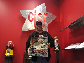 Pete the Rocker, who hosts The Shoebox Wednesday nights on CJSR, poses in studio with the actual shoebox that contains notes for his show. The campus radio station's annual FunDrive wraps up Saturday, Oct. 3, 2015. Photo by Kevin Maimann/Edmonton Sun/Postmedia Network