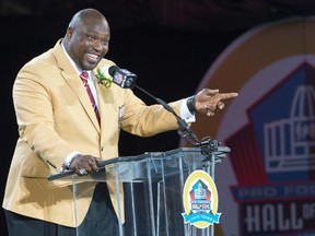 Former NFLer Warren Sapp gives his speech during the Hall of Fame Class of 2013 Enshrinement Ceremony at Fawcett Stadium on Aug. 3, 2013 in Canton, Ohio. (Jason Miller/Getty Images/AFP)