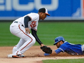 Baltimore Orioles second baseman Jonathan Schoop, left, tags out Toronto Blue Jays baserunner Dalton Pompey as he tries to steal second Thursday, Oct. 1, 2015, in Baltimore. (AP Photo/Patrick Semansky)