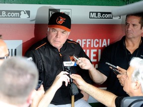 Manager Buck Showalter of the Baltimore Orioles talks to the media before a game against the Washington Nationals at Nationals Park on September 22, 2015 in Washington, DC. (Greg Fiume/Getty Images/AFP)