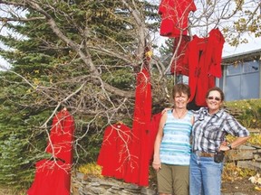 Wendy Ryan hung red clothing from the tree in her front yard with the help of Judy Lee on Thursday afternoon as part of the REDress project.