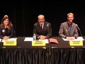 Rona Ambrose (from left), Ernest Chauvet and Brendon Greene answered questions from voters during a candidate forum at the Horizon Stage on Sept. 23. All three candidates are running in the 2015 federal election in the Sturgeon River-Parkland riding. Candidates from the Liberal Party and NDP were not in attendance. Karen Haynes, Reporter/Examiner