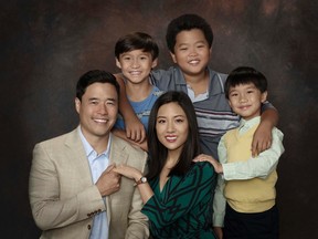 ABC's "Fresh Off the Boat" stars Randall Park as Louis Huang, Forrest Wheeler as Emery Huang, Constance Wu as Jessica Huang, Hudson Yang as Eddie Huang and Ian Chen as Evan Huang. (ABC/Bob D'Amico)