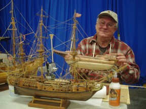 Garth Parrish of Confederation Marine Modellers of Hamilton shows off his work at the Woodstock Woodworking Show. (HEATHER RIVERS/WOODSTOCK SENTINEL-REVIEW)
