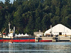 The cargo ship MV Sun Sea, carrying about 500 hundred Tamil migrants sits in harbour at the Canadian naval base at Esquimalt on Vancouver Island after being escorted by the Navy, Aug. 13, 2010. (Postmedia Network files)