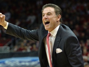 Louisville Cardinals head coach Rick Pitino reacts during a game against the Notre Dame Fighting Irish at KFC Yum! Center. (Jamie Rhodes/USA TODAY Sports)