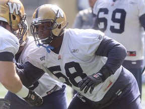 Selvish Capers takes part in Blue Bombers practice Thursday in Winnipeg. (Postmedia Network)