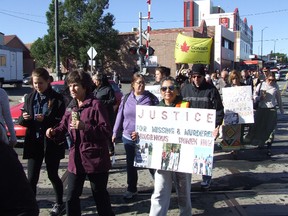 Harold Carmichael/The Sudbury Star
The calls for a national inquiry into the deaths and disappearance of more than 1,000 First Nation women across Canada grew a little louder Friday, thanks to a Sisters in Spirit march by more than 75 people in Greater Sudbury's downtown core.