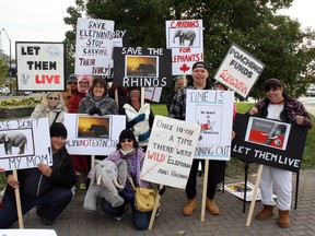 Marchers gather outside Sudbury Community Arena to take part in the Global March for Elephants and Rhinos on Saturday. Ben Leeson/The Sudbury Star/Postmedia Network