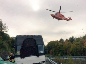 One person is dead and others seriously injured after a bus and car crashed just outside Algonquin Park Saturday, Oct. 3, 2015.
Photo courtesy of County of Renfrew Paramedic Service.