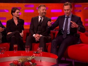 Tom Hiddleston, right, stopped by "The Graham Norton Show" Friday night, along with Robert De Niro, Anne Hathaway and Kenneth Branagh. (The Graham Norton Show/YouTube)