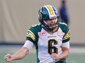 Edmonton Eskimos' Alonzo Lawrence (6) celebrates a last second win as he makes the 53 yard field goal against the Winnipeg Blue Bombers during the second half of CFL action in Winnipeg Saturday, October 3, 2015. THE CANADIAN PRESS/John Woods
