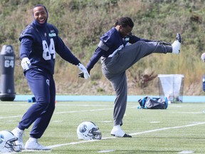 Kashif Moore (L) and Curtis Steele of the Toronto Argonauts during practice in Toronto, Ont. on Saturday October 3, 2015. Veronica Henri/Toronto Sun/Postmedia Network