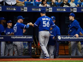Toronto Blue Jays starting pitcher Mark Buehrle (56) is taken out of the game during the first inning against the Tampa Bay Rays at Tropicana Field.  Kim Klement-USA TODAY Sports